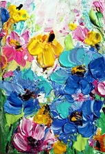 original oil painting direct from artist, BLUE Petunias Colorful Wild Flowers