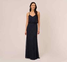 ADRIANNA PAPELL Art Deco Blouson Maxi Gown Dress BLACK Women's Size 4 BEADED NWT