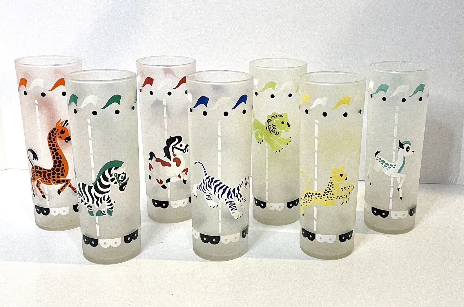 Vintage Libby Frosted Carousel Circus Animal Glasses Set of 7 eBay