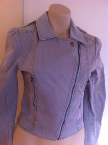 Ladies Light Grey JUST ADD SUGAR Denim Jacket Size 8 Cropped Fitted Diagonal Zip - Picture 1 of 4
