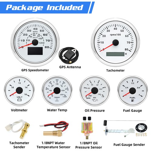 6 Gauge Set 85mm White GPS Speedometer 80MPH/120KM/H Tacho/Fuel/Temp/Oil/Volt - Picture 9 of 9