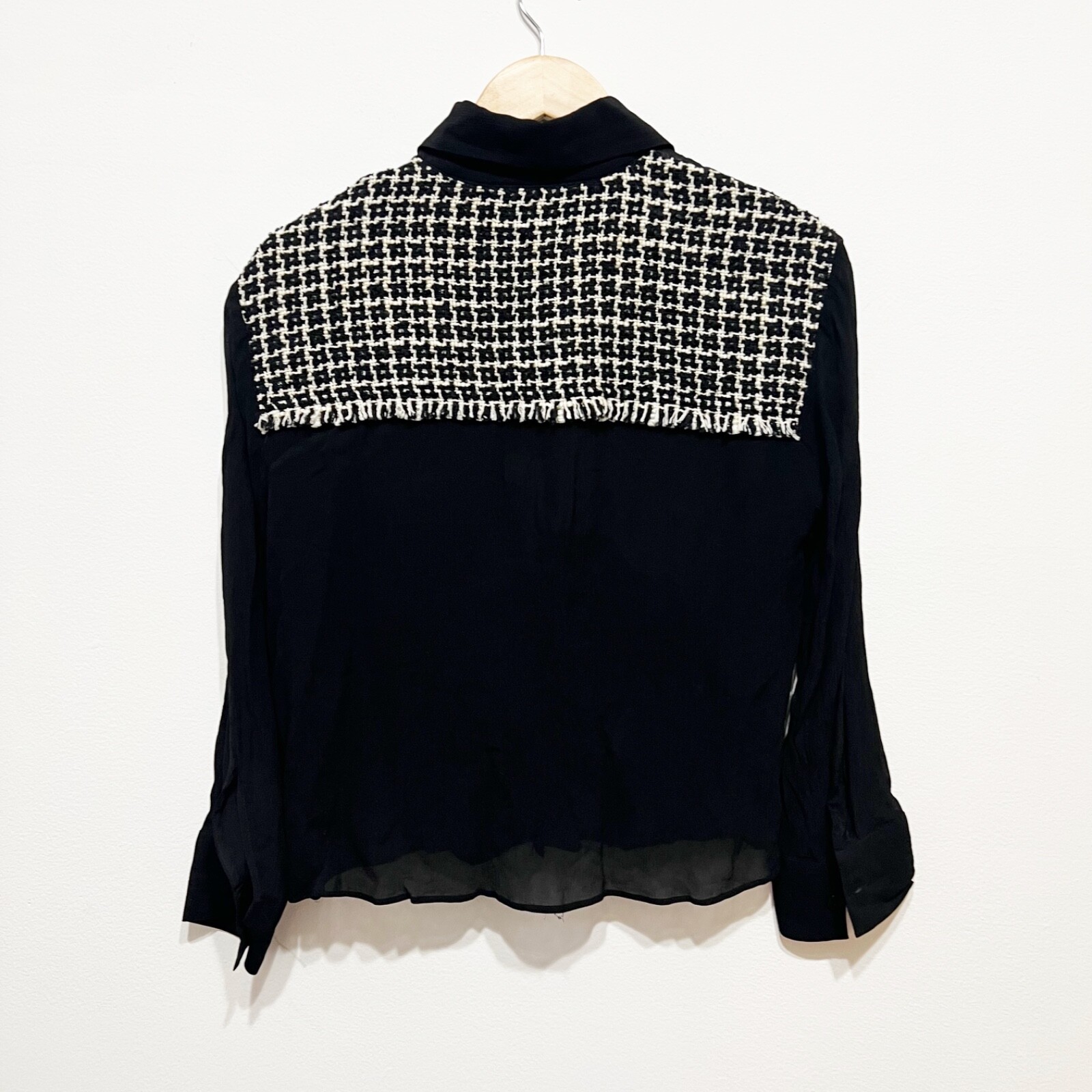 Zara Semi Sheer Chiffon Boucle Tweed Pocket Patchwork Button Front Blouse Shirt image 3