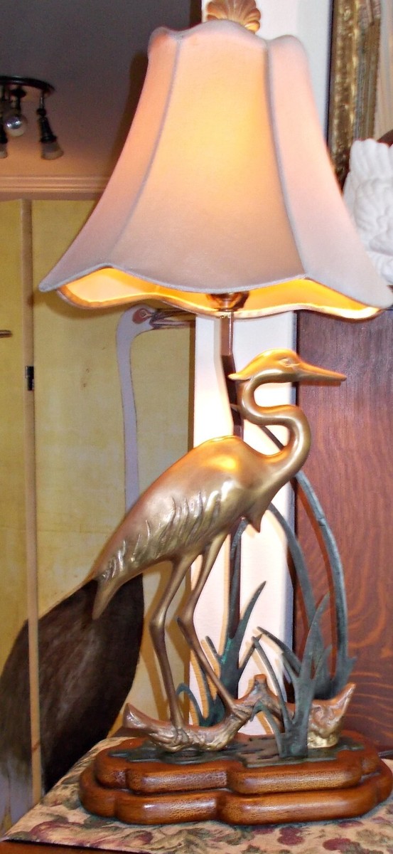 Gorgeous Antique Wildwood Solid Brass Standing Crane in Reeds