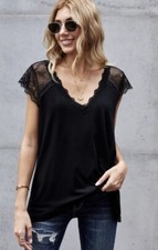 New Black V-Neck Short Lace Sleeve Top T-Shirt pick pick S M L XL