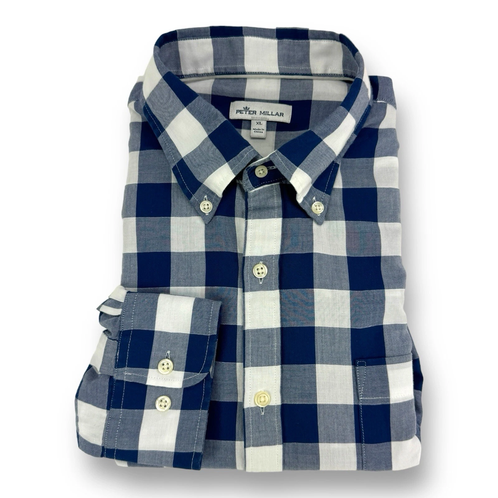 Peter Millar Crown Blue & White Check Soft Cotton Long Sleeve Button Down Men XL