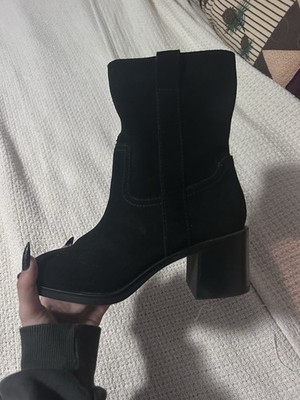 Steve Madden Women s Black Romney Real Leather Bootie Square Toe Heel 6 New
