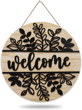 3D Black Leaf Welcome Door Sign Wooden Hanging Sign Rustic Front Door Hanger for