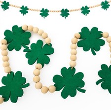 St. Patrick's Day Decorations, Felt Shamrocks Wood Bead Garland Banner for St. P