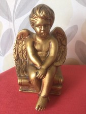 Gold Coloured Angel/ Cherub Resin Figurine 7.5 Inches Tall