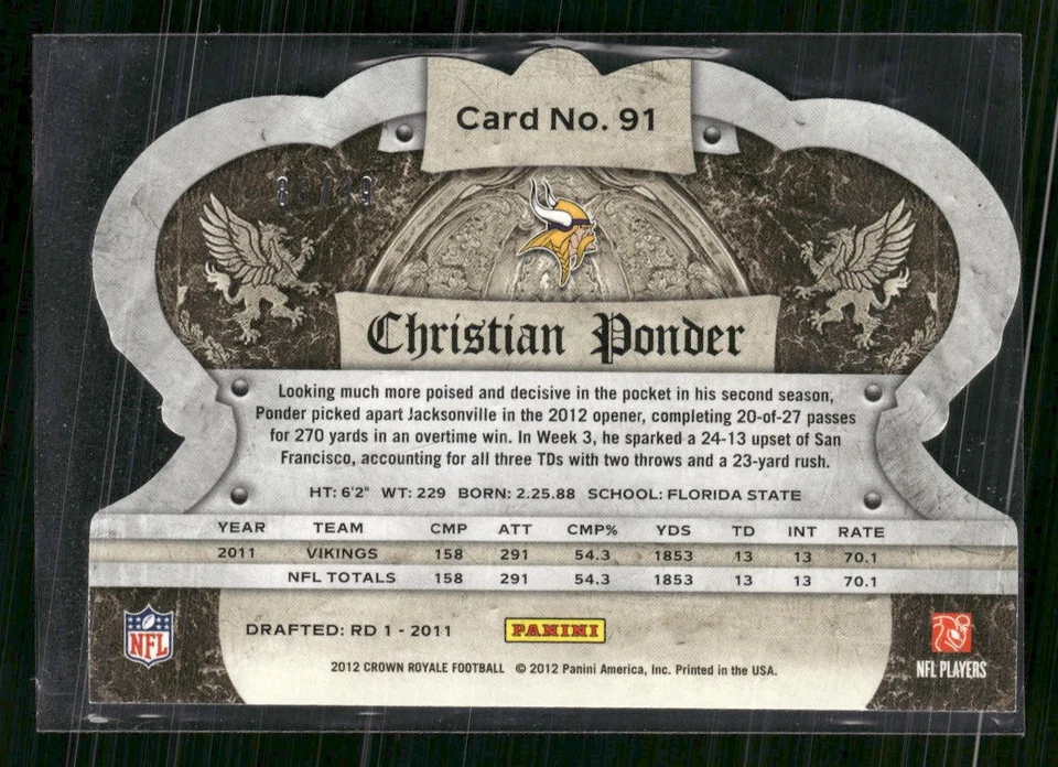 2012 Panini Crown Royale #91 Christian Ponder Gold Crown #/99 - Image 2 of 2