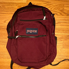 JanSport Burgundy/Black Backpack Zip Closure Bottle Pocket Front Zip Side Mesh