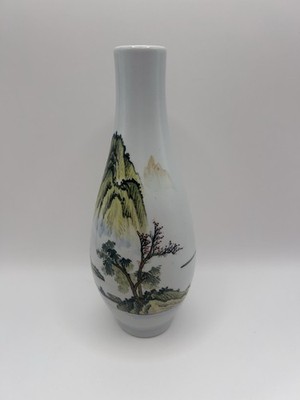 Vintage Taiwan R.O.C Hand Painted Porcelain Landscape Vase Asian Decor 8.75 