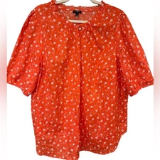 Talbots Plus Size 2X Orange Floral Print Ruffle Neck Short Sleeve Blouse Top