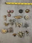 Vintage Brooch Pin Lot 17pc Butterfly Leaf Pearl Rhinestone Costume Jewelry