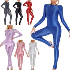 Sexy Women's Sheer Solid Color Oil Glossy Sets Long Sleeve Tops Elastic Trousers