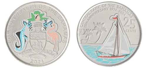 Bahamas 25 Cents, 2024, KM #251, Commemorative, Colorized BSD .25, Sailboat