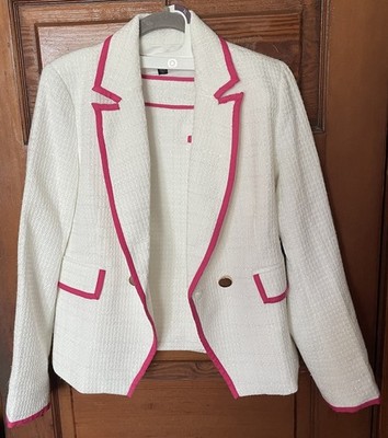 Ladies Boston Proper Shimmer White Tweed W/Pink Piping 2 Pc Sz 12 NWT