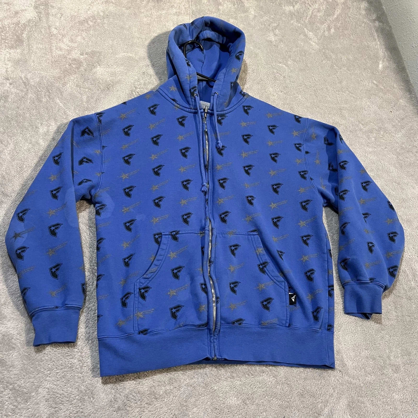 Famous Stars & Straps Hoodie Mens Large Blue Full Zip Allover Stars Logo