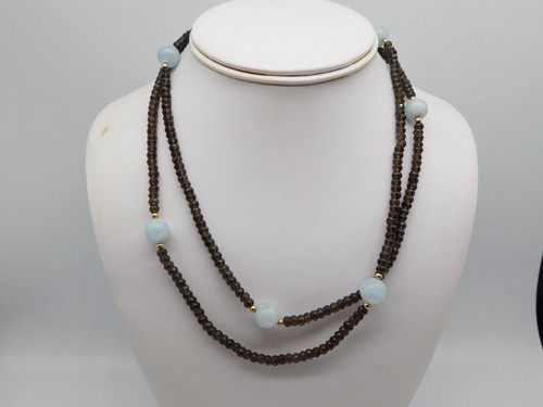 DESIGNER RARITIES 14K GOLD SMOKY QUARTZ AGATE STONE BEADED NECKLACE 36" LONG - Picture 3 of 8