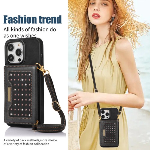 For iPhone 15 Pro Max 14 12 11 XR 8 Diamond Leather Wallet Lanyard Cover Case - Picture 23 of 72
