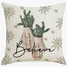 BELIEVE  MITTENS GARLAND Christmas Throw Pillow Cover Winter Holiday Home Decor