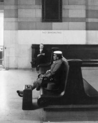 Two people sitting benches waiting room Grand Central Station Manh- Old Photo