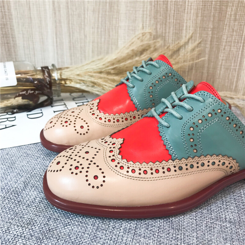 PANTOFOLA D’ORO Ciabatta mules punta ala intagliata stringata donna inglese occidentale vera pelle scarpe