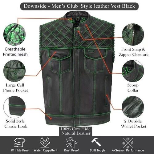 Giubbotto Moto Uomo Pelle Nero Diamante con Gilet Verde Nascosto - Foto 6 di 7