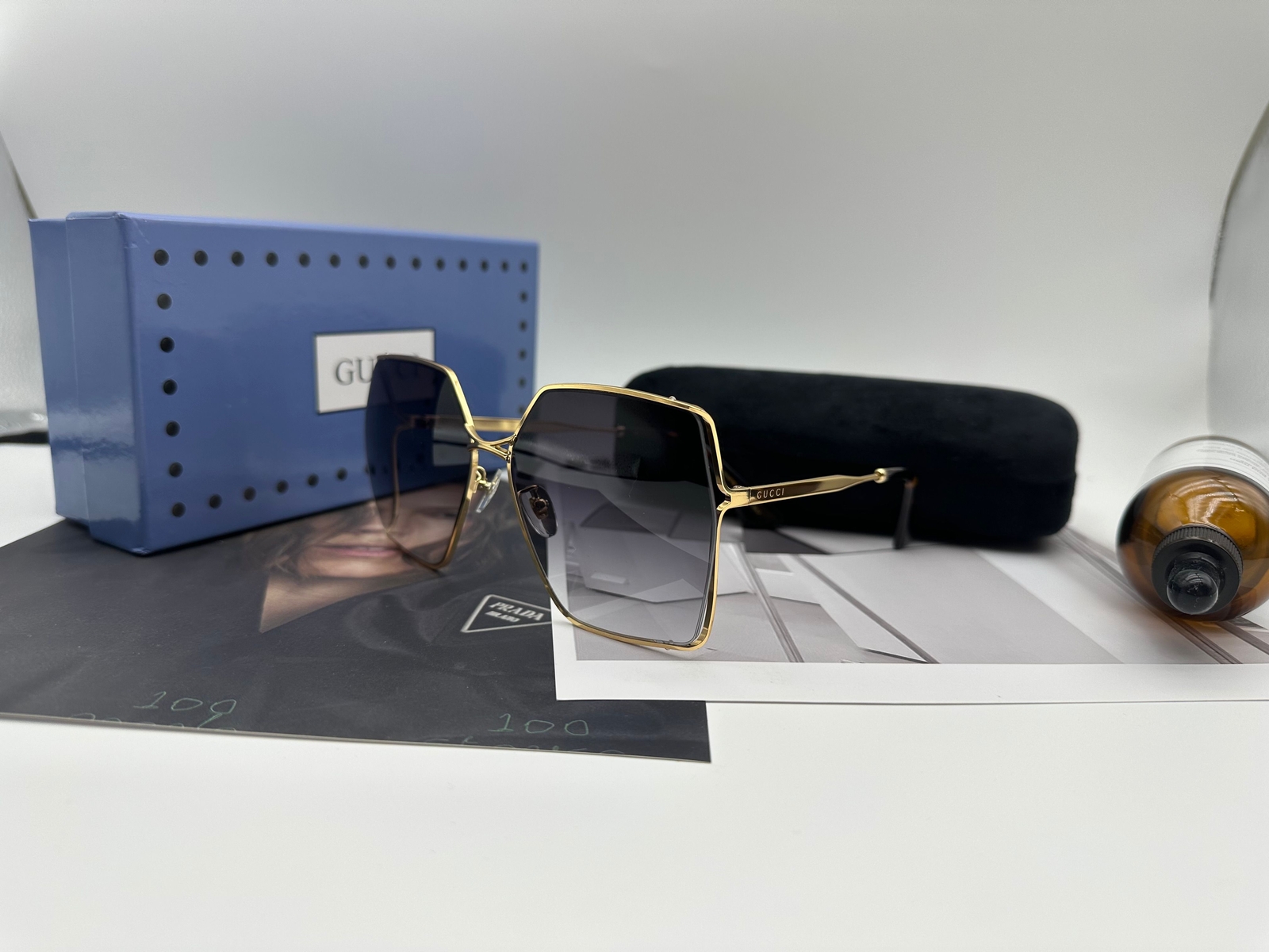 Gucci GG0817S 001 Sunglasses Women's Gold/Grey Gradient Lens Square 65
