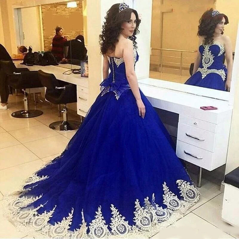 Royal Blue Ball Gown Prom Dresses Strapless with White Lace Applique and Train | eBay Royal Blue Ball Gown Prom Dresses Strapless with White Lace Applique and Train | eBay