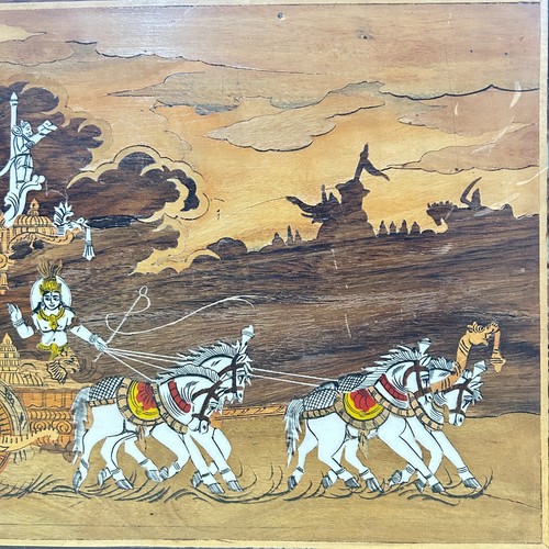 19" Krishna & Arjuna Chariot Wooden Wall Panel Hindu God Inlay Marquetry - Picture 3 of 4