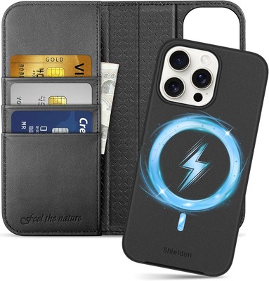 SHIELDON Case for iPhone 15 Pro Max, Genuine Leather Black - Detachable 