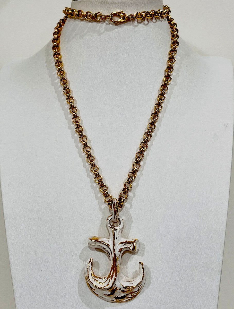 Vintage New Gold Tone White Enamel Anchor Pendant Circle Link