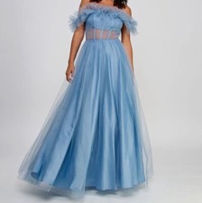 BCX Women's Junior Blue Off-The-Shoulder Glitter Tulle Corset Gown Dress Size 11