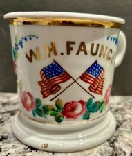  EARLY PATRIOTIC SHAVING MUG CROSSED AMERICAN FLAGS PERSONALIZED-LIMOGES, FRANCE