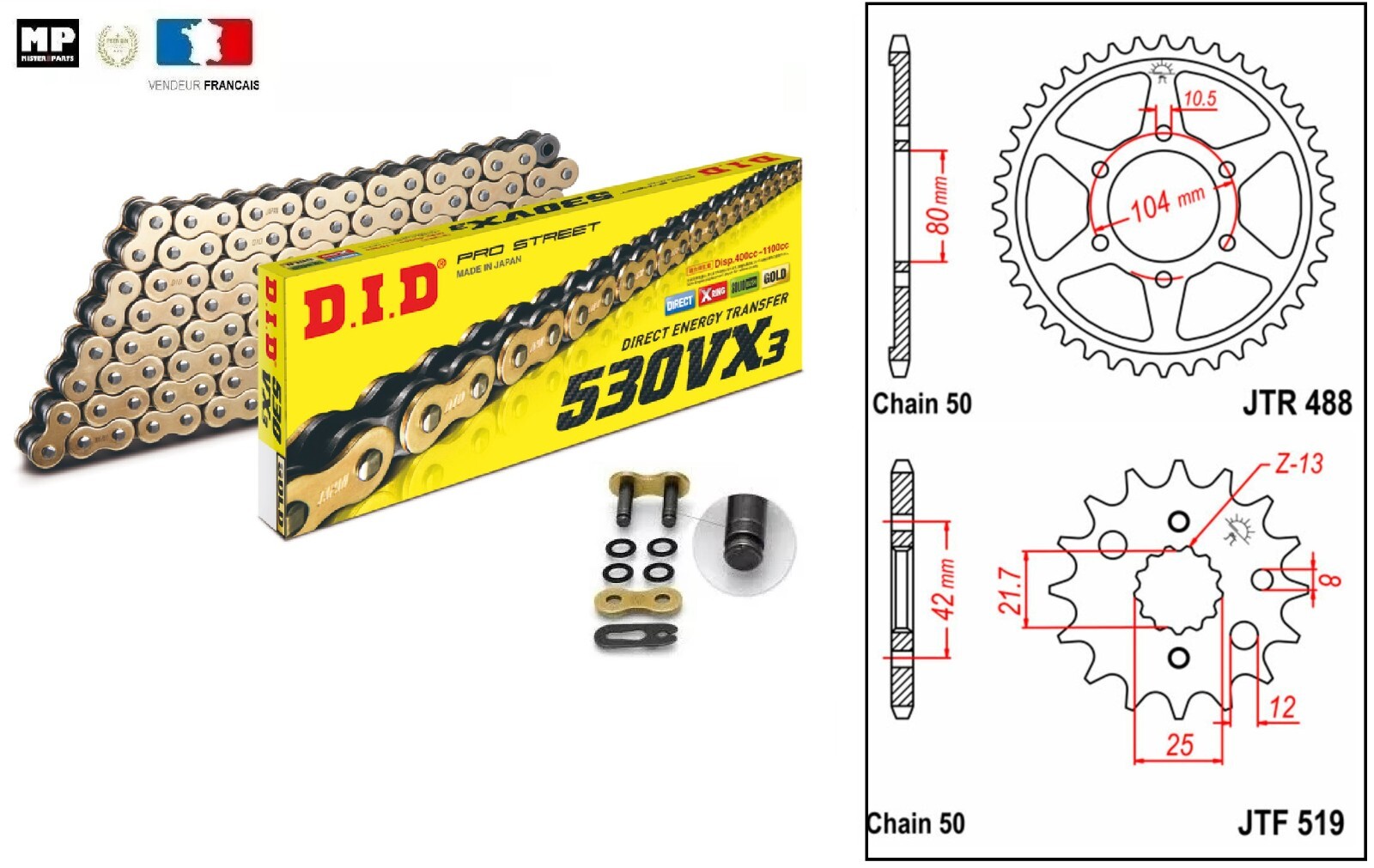 Kit chaine DID 530 VX3 élimine les points durs de la Kawasaki ZXR 750 R