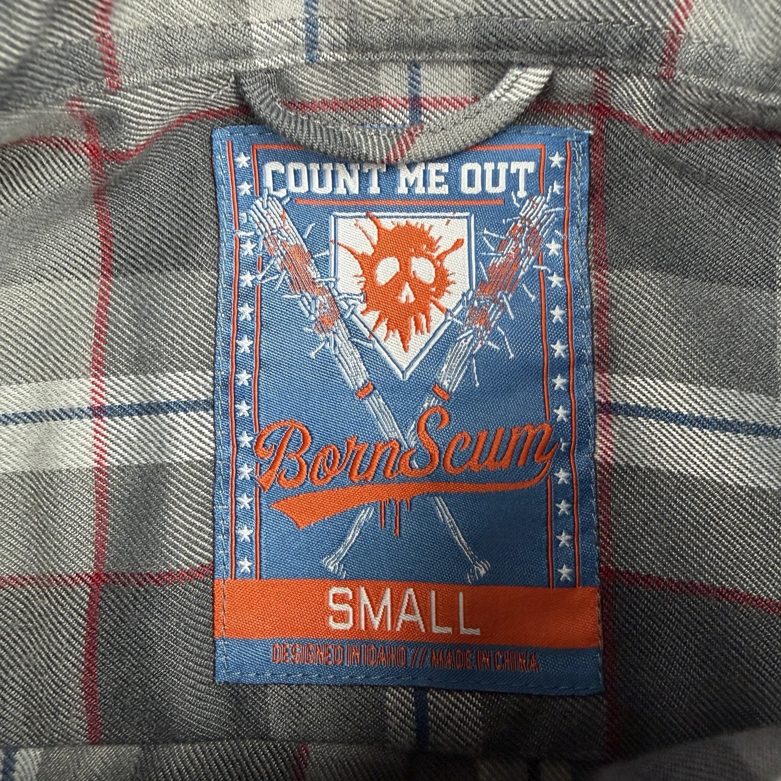 Born Scum Count Me Out Flannel Shirt Mens Small Gray Plaid Long Sleeve - product detail image 9