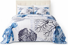 Coastal King Quilt Set 106X96 Inch, Ocean Theme Bedspread with 2 Pillow Shams, L