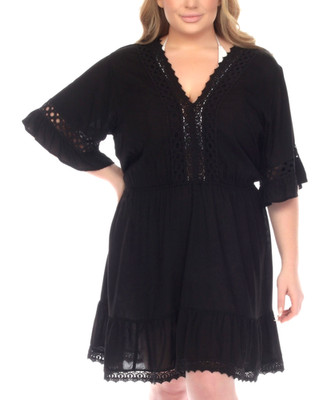Raviya X6710 Womens Plus Size Lace-Inset Mini Cover-up Dress, Black, 2X
