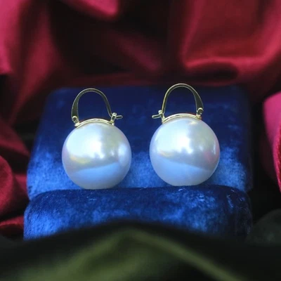 Rare Boucles d'Oreilles Dormeuse Doré Enorme Perle Blanche 22mm Rétro SB66 - Photo 1/4
