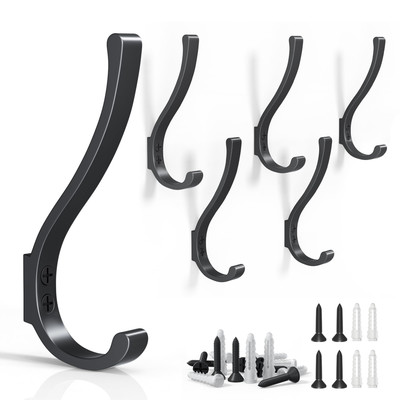 KEESMAL 6PCS Large Black Coat Hooks Wall Mount Heavy Duty