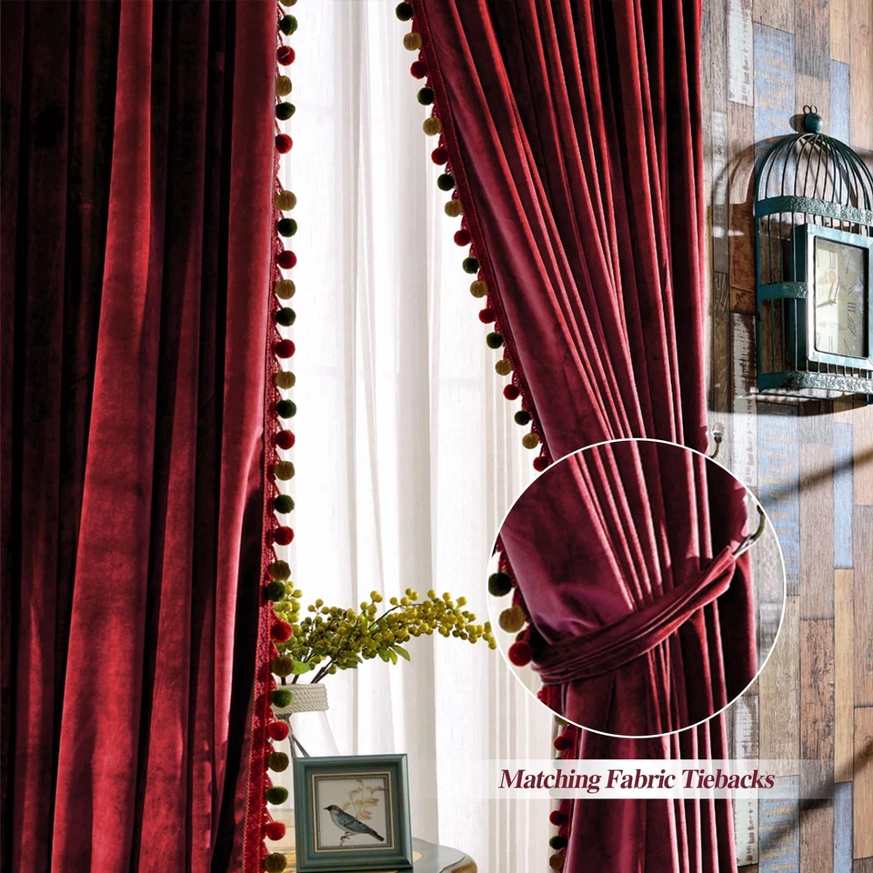 Pompones Cortinas Anchas de Terciopelo para Puertas de Salón Patio, Cama de Lujo Vintage... Foto 3 de 4