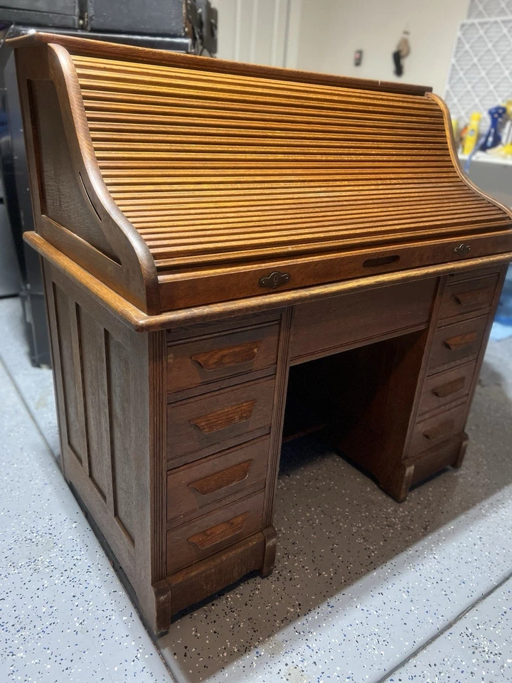 Vintage Roll Top Writing Secretary Desk Brown Oak Wood - Image 4 of 4