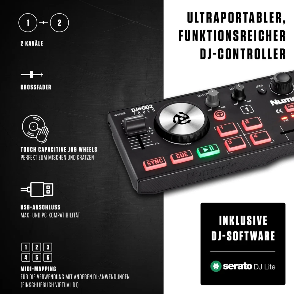 DJ2GO2 Touch 2-Kanal-Kompakt-DJ-Controller, DJ-Pult mit Mixer, Audio-Interfac... - Bild 3 von 4