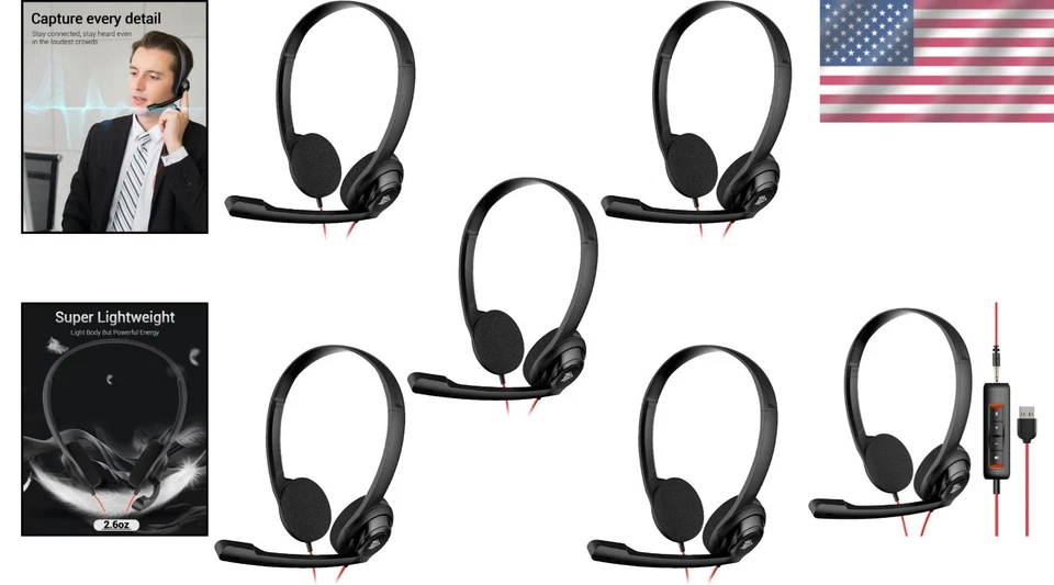 USB Headset with Noise Cancelling Mic, 5 Packs - Image 2 of 4