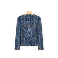 Handmade Blue Tweed Bouclé Jacket Collarless Silver Button Fringe Trim Size S-XL