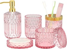 New Pink Bathroom Accessories Set - 5 PCS Glass Decor with Soap