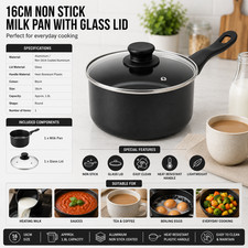 Non Stick Milk Pan Saucepan with Glass Lid Tea Sauce Pot Long Handle Cookware