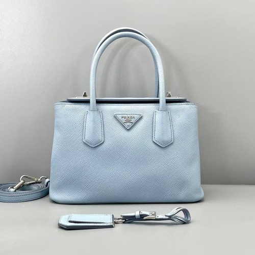 Prada Blue Leather Small Galleria Double Zip Handbag With Crossbody Strap AUTH