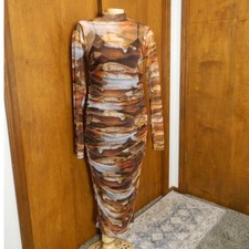 Akira Mesh Ruched Bodycon Dress Womens Large Brown Abstract Mock Neck Maxi